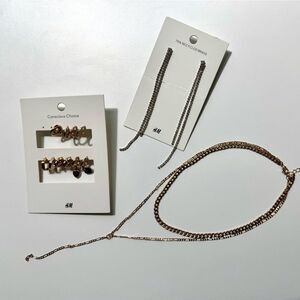 H&M Gold Tone Jewelry Bundle: 6 Pairs Earrings & Layered Necklace Set